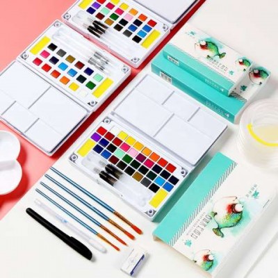 12/18/24/36 Solid Watercolor Paint Set With Paint Brush Portable Water Color Pigment For School Students Beginner Art Supplies