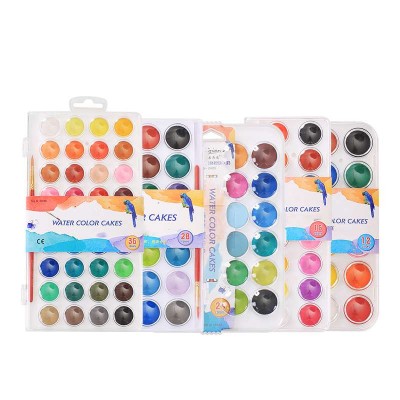 Amazon hot selling 12 16 24 28 36 colors solid water color cake  ,  kids non toxic art watercolor paint set with brush pen